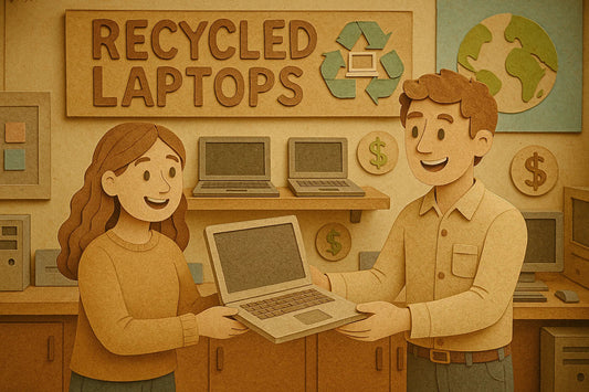Man selling refurbished laptop cheaply to a woman